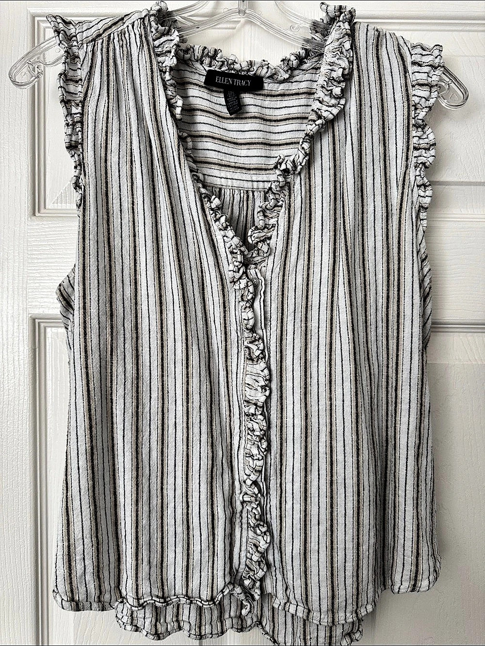 Ellen Tracy Striped Linen Blend Ruffle Tank Top Size Large